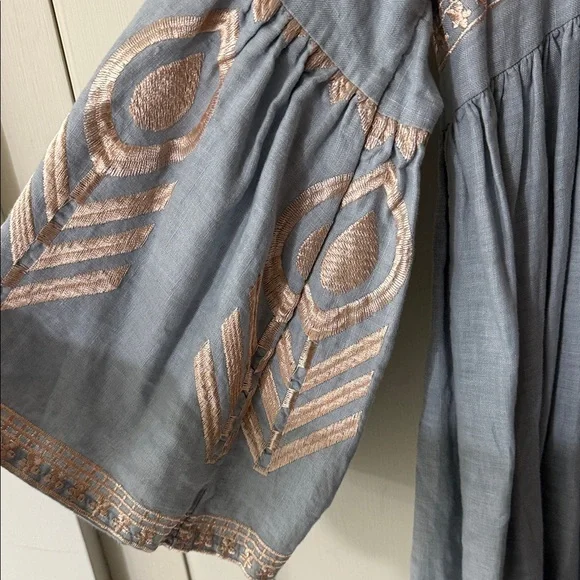 Bohemian Blue and Pink Embroidered Linen Dress - Picture 3 of 4